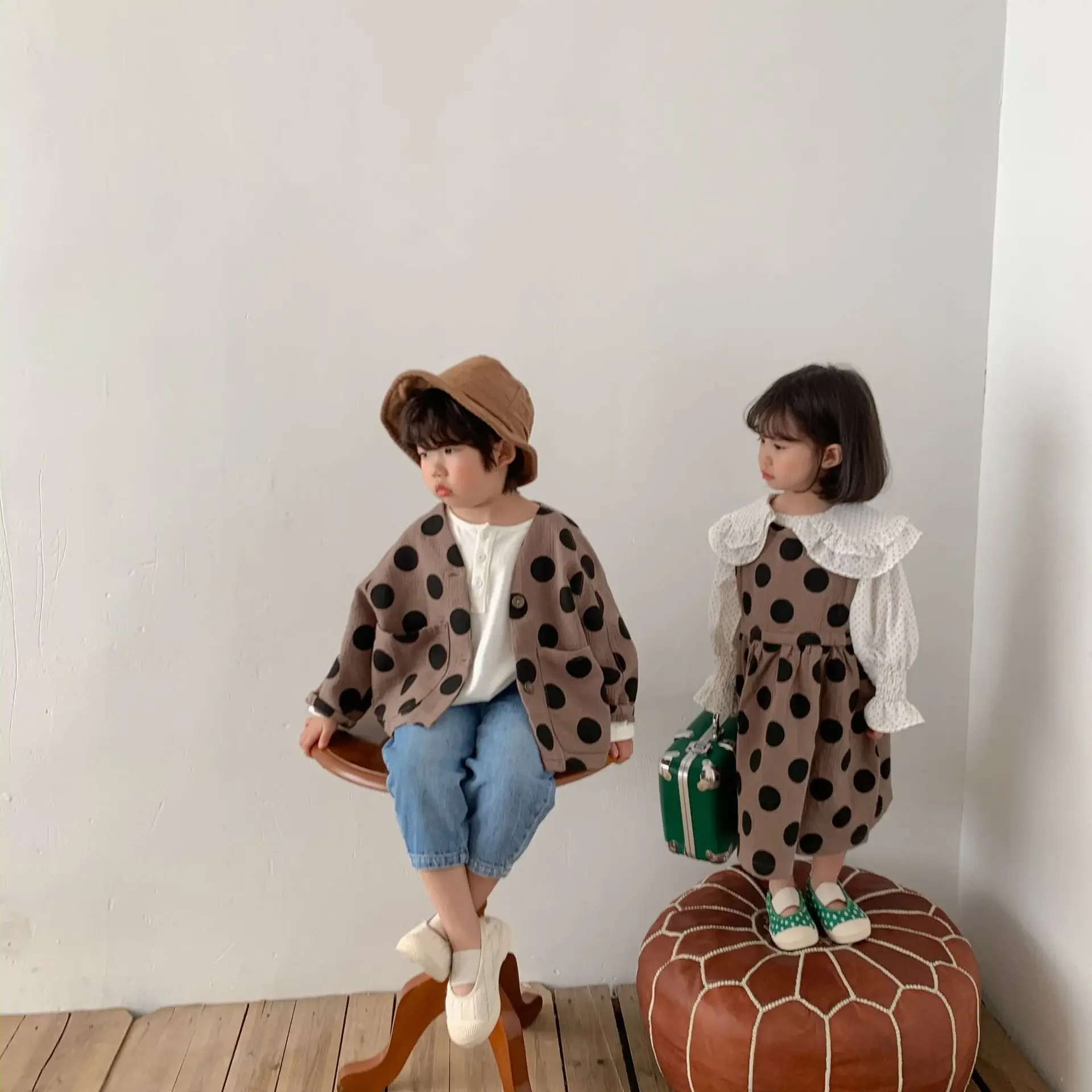 Spring korean style oversized dot long sleeve cardigans Boys casual loose cotton linen jackets coats