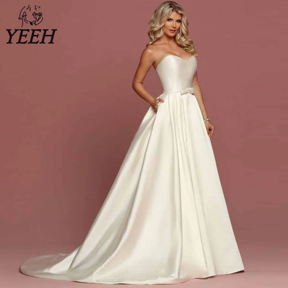 

YEEH Simple Strapless Sweetheart Wedding Dresses Elegant Backless Bow Button Bridal Gowns A-Line Sweep Train Vestido De Novia
