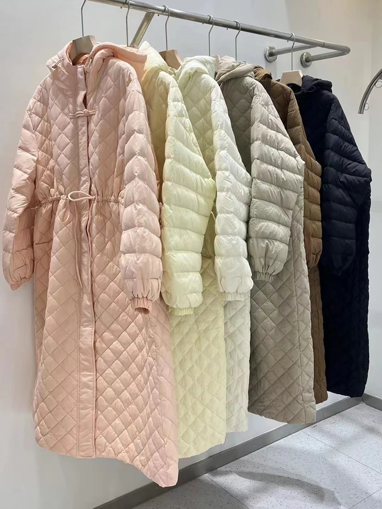 Korean style Women's Hooded long down jacket Warm 2023 Winter Fashion Adjustable waist Long sleeve puffer coat Clothes 3O287