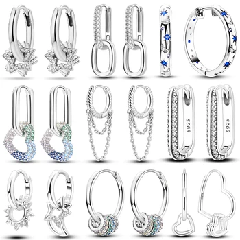 925 Silver Hoop Earrings  for Woman Pendientes Zircon Heart Shape Star Eardrop Original Earring Fashion Jewelry