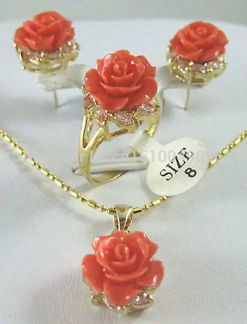 

Hot Sale Beautiful Gold Plate Rose Coral Flower Pendant Earring Ring set