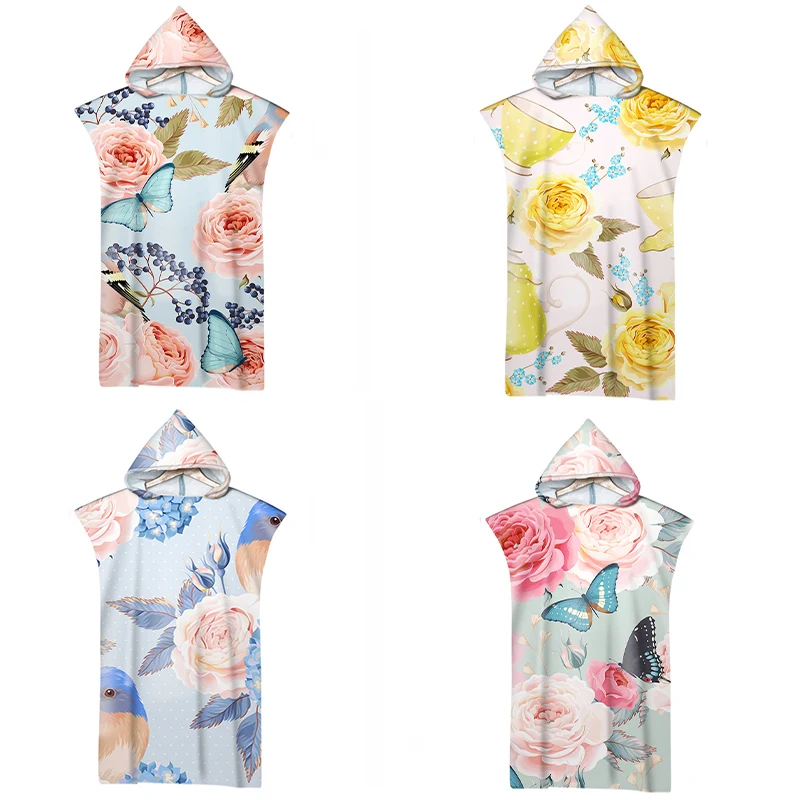 

Customizable Beautiful Classic Flower Microfiber Fabric Quick Dry Hooded Beach Towel Adult Kids Swimming Surf Diving Poncho