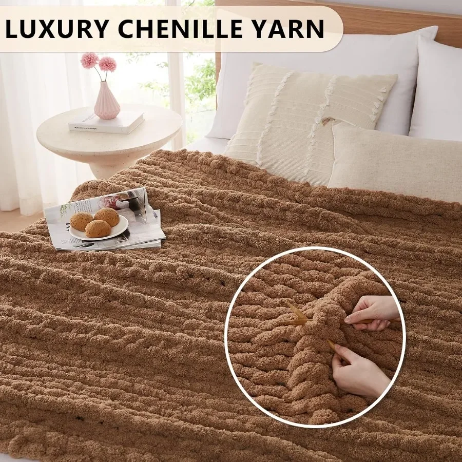 Chunky Knit Blanket Throw: 72''x84'' Chenille Chunky Knitted Throw Blanket for Bed Couch Handmade Thick Big Cable Knit Blanket