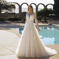 ANGEL Princess Lace Wedding Dresses For Woman Applique 3/4 Sleeves Bride Gowns A-Line Glitter Tulle Illusion Robe De Mariage 1