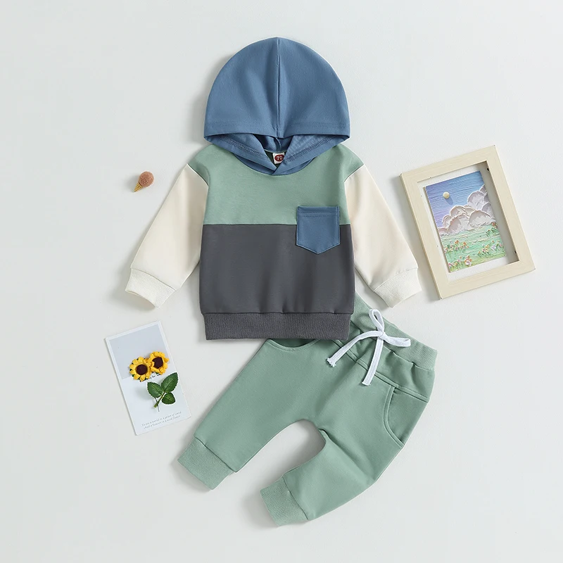 -05-25 Lioraitiin 0-3Years Baby Boys 2Pcs Autumn Outfits Contrast Pocket Knitted Long Sleeve Hoodie Sweatshirt Pants