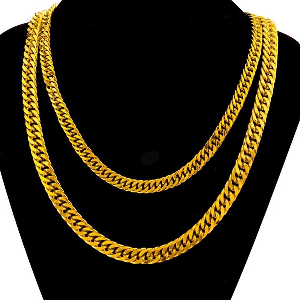 

8mm/10mm Men Necklace Solid Chain 18k Yellow Gold Filled Classic Double Curb Clavicle Choker Jewelry 60cm Long Hip Hop Mens Gift
