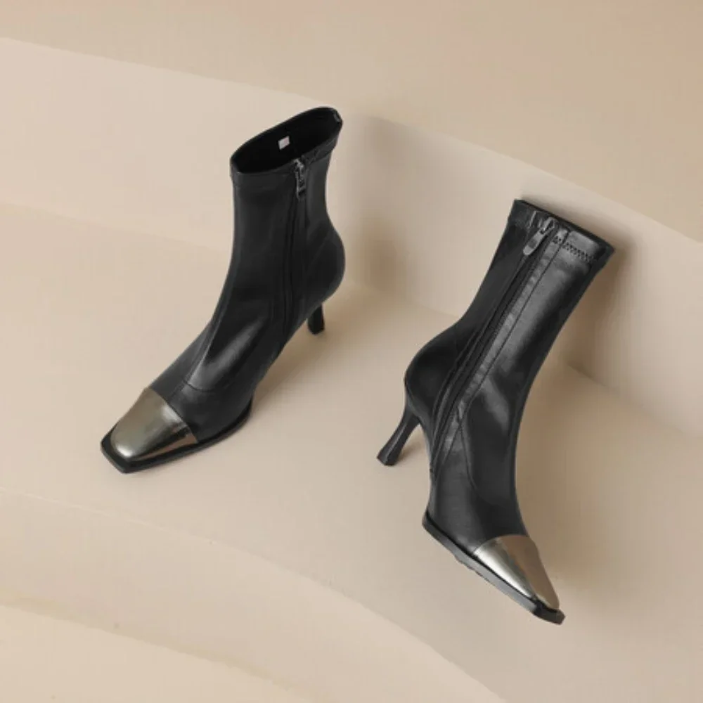 

New Fashion Side Zipper Boots European and American Style Metal Square Head Women's Boots Thin Heel High Heel Short Boots heels