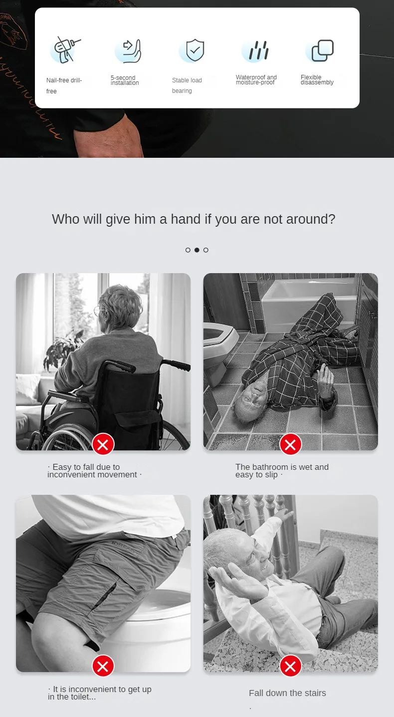 Description Picture 3 of item3PCS Toilet Handrail for Bathroom Bathtub Armrest Safety Grab Bars Bathtub Handle Elderly Toilet Safety Handle WC Accessories