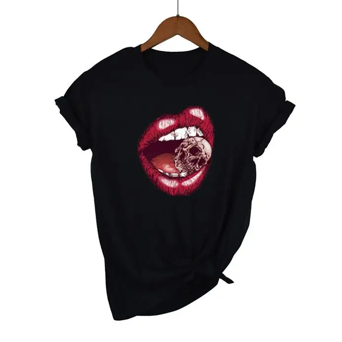 

Summer Fashion Shirt Red Lips Graphic T Shirt Women Tops Base O-neck Black Tees Kiss Leopard Lip Funny Girls Tshirt