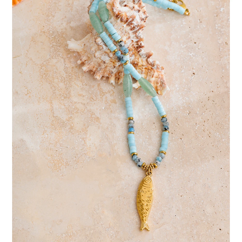 Yhpup Aventurine Stone Necklace Stainless Steel