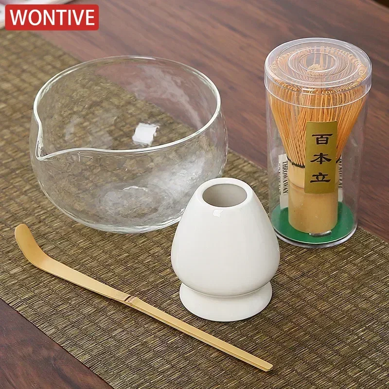 4pcs Matcha Tea Set Bamboo Whisk Scoop Glass Matcha Bowl Traditional Indoor Handmade Tea-making Tools