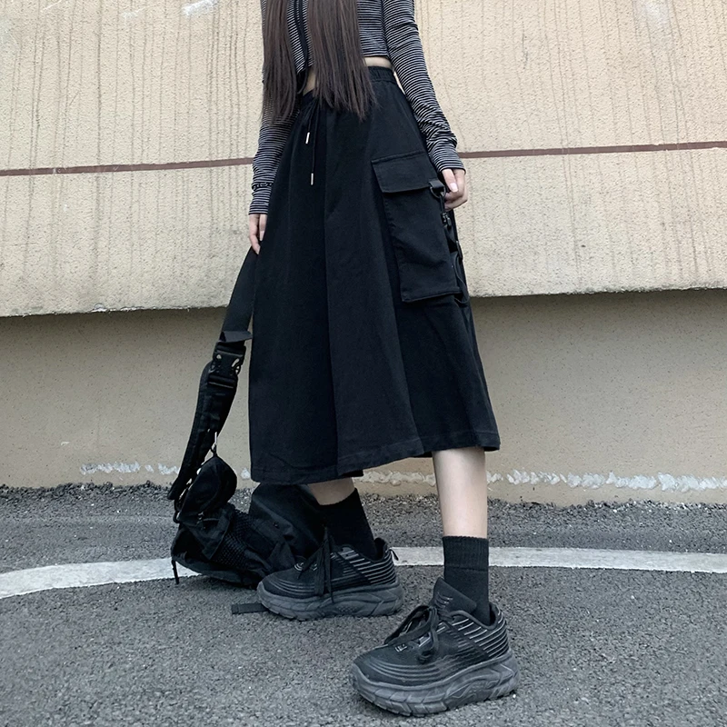 black leather skirt Big Pocket High Waist Frenulum Cargo Korean Black Casual Harajuku Summer Student Fashion Loose A-Line Woman Skirt a line skirt