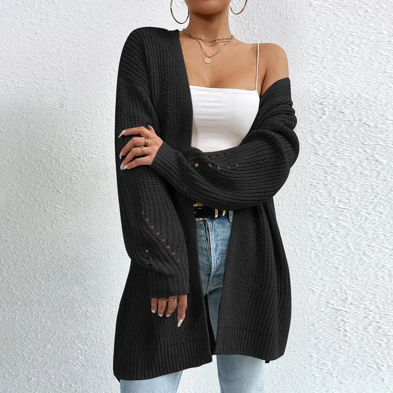 2024 Autumn Elegant Solid Cardigan Sweater Women Winter Thickened Warm Split Hem Long Jumpers Female Commuter Knitted Outerwear 3