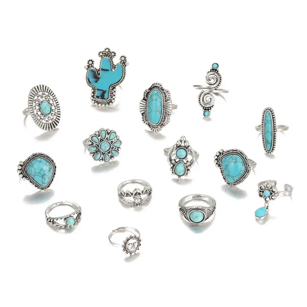 Long-lasting Rings Bohemia Rings Vintage Bohemian Adjustable Ring Set with Cactus Sun Shape Faux Turquoise Knuckle Rings for Her 3