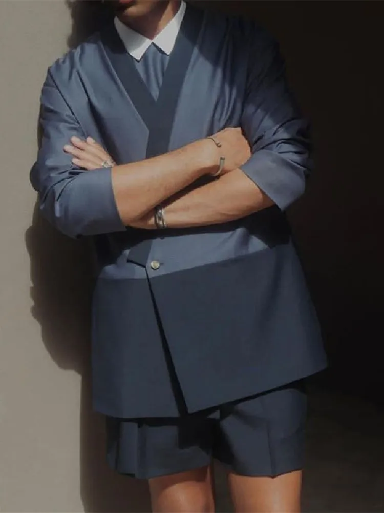 Splicing Navy Blue Men Suit Tailor-Made 2 Pieces Blazer Short Pants Summer One Button Collarless Wedding Groom Prom Tailored