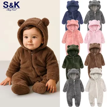 0-24M Baby Rompers Infant Clothes Winter Newborn Baby Boy Girl Zipper Bodysuit Bear Fleece Hooded Pyjamas 1