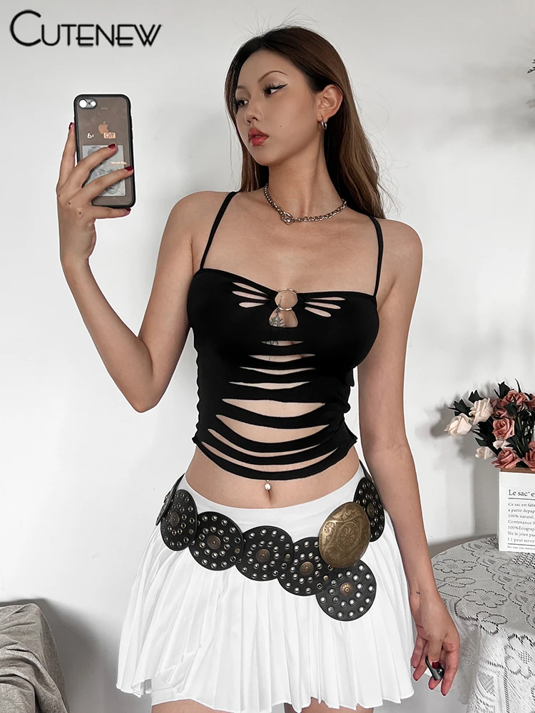 Ruched Sexy Camis Women Attractive Metal Rings Chic Cut Out Shape Low Neck Backless Skinny Solid Tanks Mujer Club Tops
