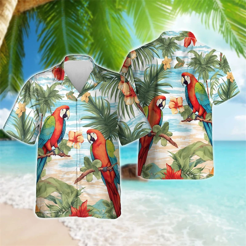 

Tropical Parrot 3D Printed Beach Shirt Hawaiian Flower Animal Shirts For Men Clothes Vacation Lapel Blouse Psittacine Bird Tops