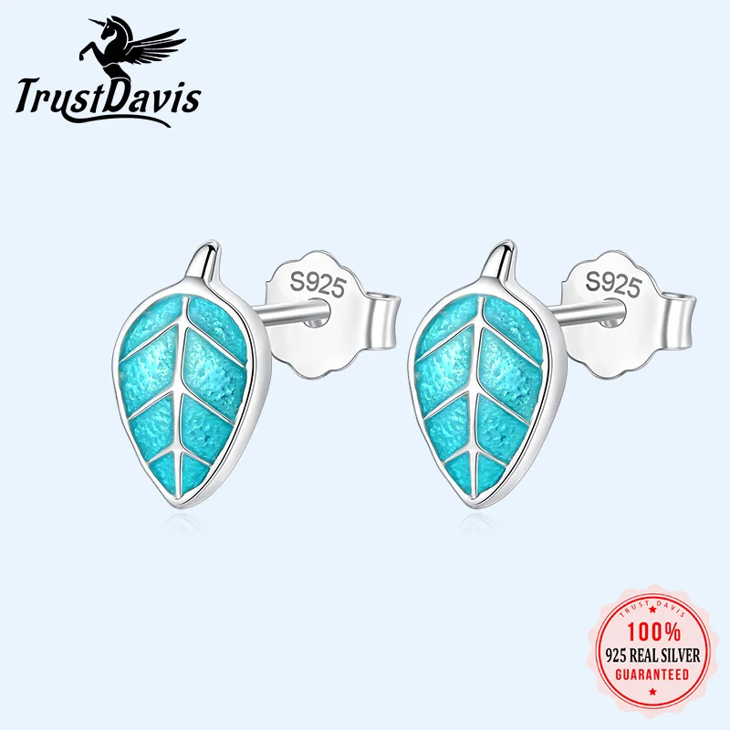 TrustDavis-100% 925 스털링 실버 여성용 쥬얼리 패션 작은 5mm x 9mm 블루 리프 스터드 귀걸이, 여자 아이 DS209 선물