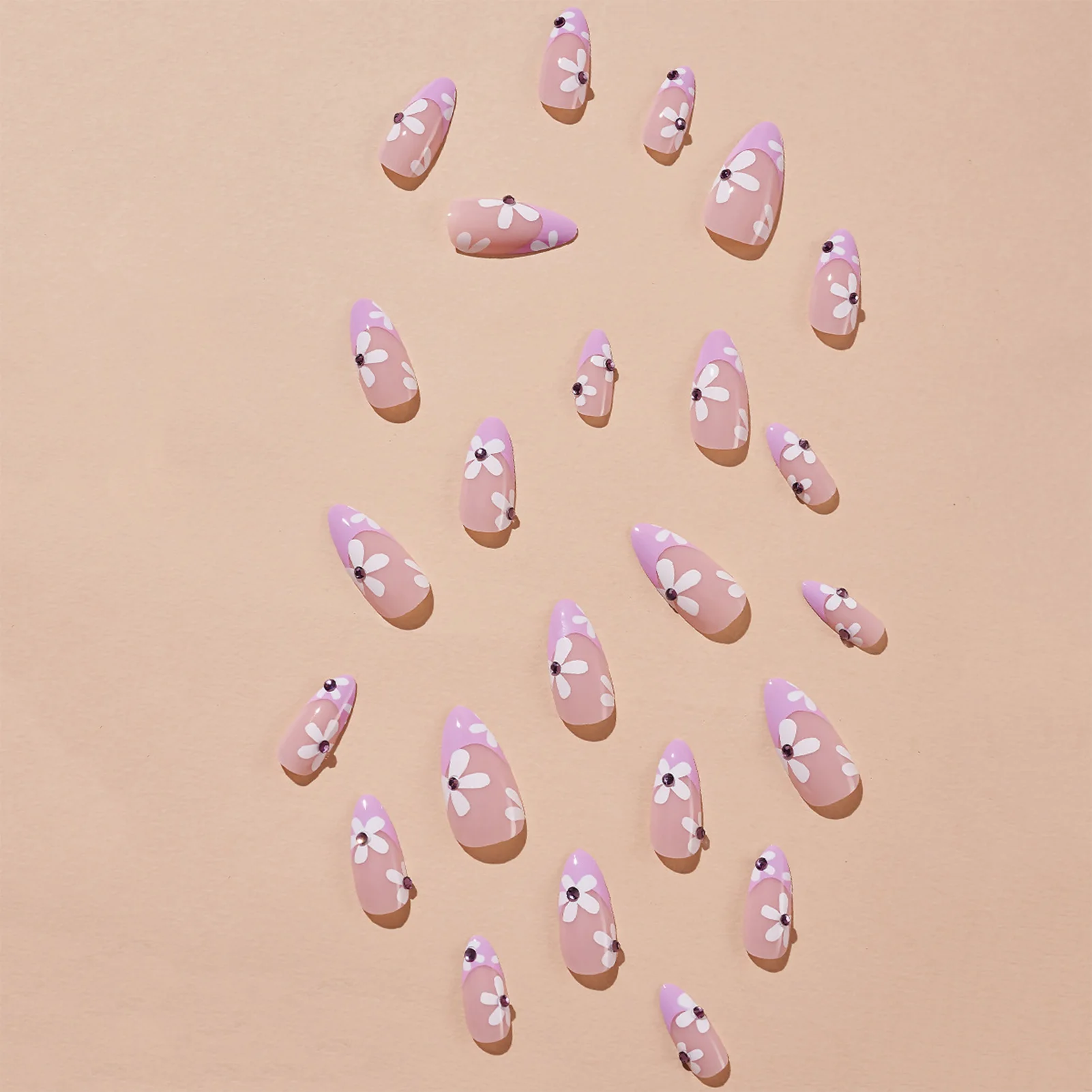 

White Flowers Purple False Nails with Purple Rhinestone Ornaments Nails for Nail Art Learner Design Own Style