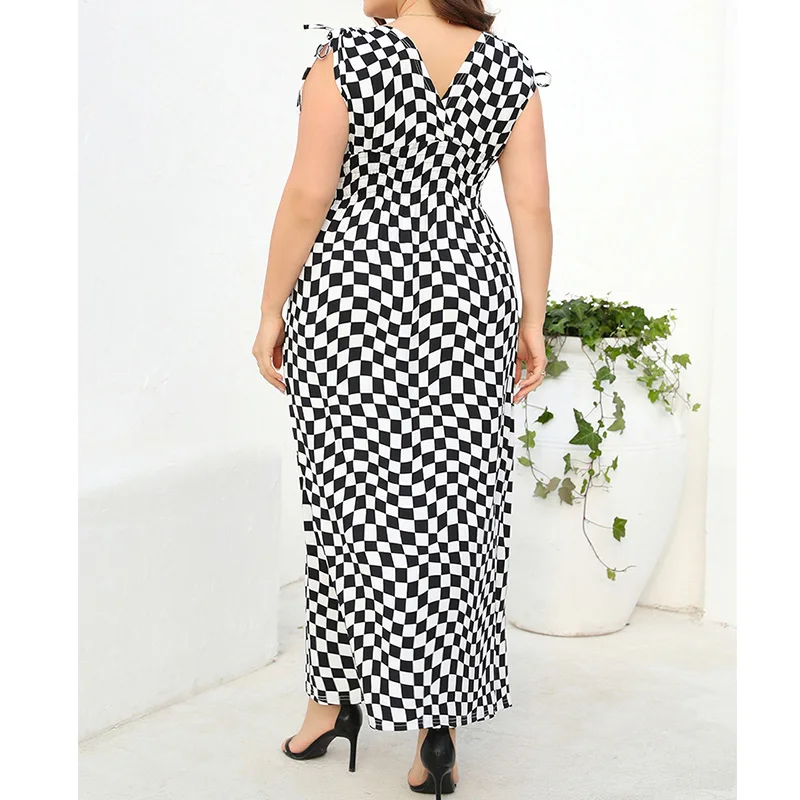 Fashion Black and White Plaid Print V-Neck Lacing Pullover Sleeveless Basic A-line Ice Silk Plus Size Mid Length Dress for Women