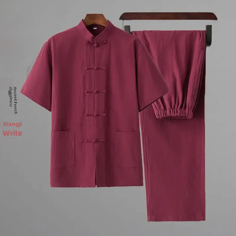 Wine red two-piece short-sleeved shirt + trousers