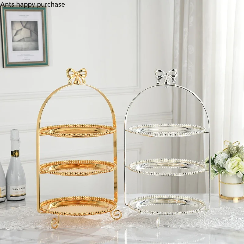 Single Layer Two Layers Three Layers Bow Metal Cake Stand Gold Silver Round Pearl Dessert Cake Pan Fruit Tray Display Stand
