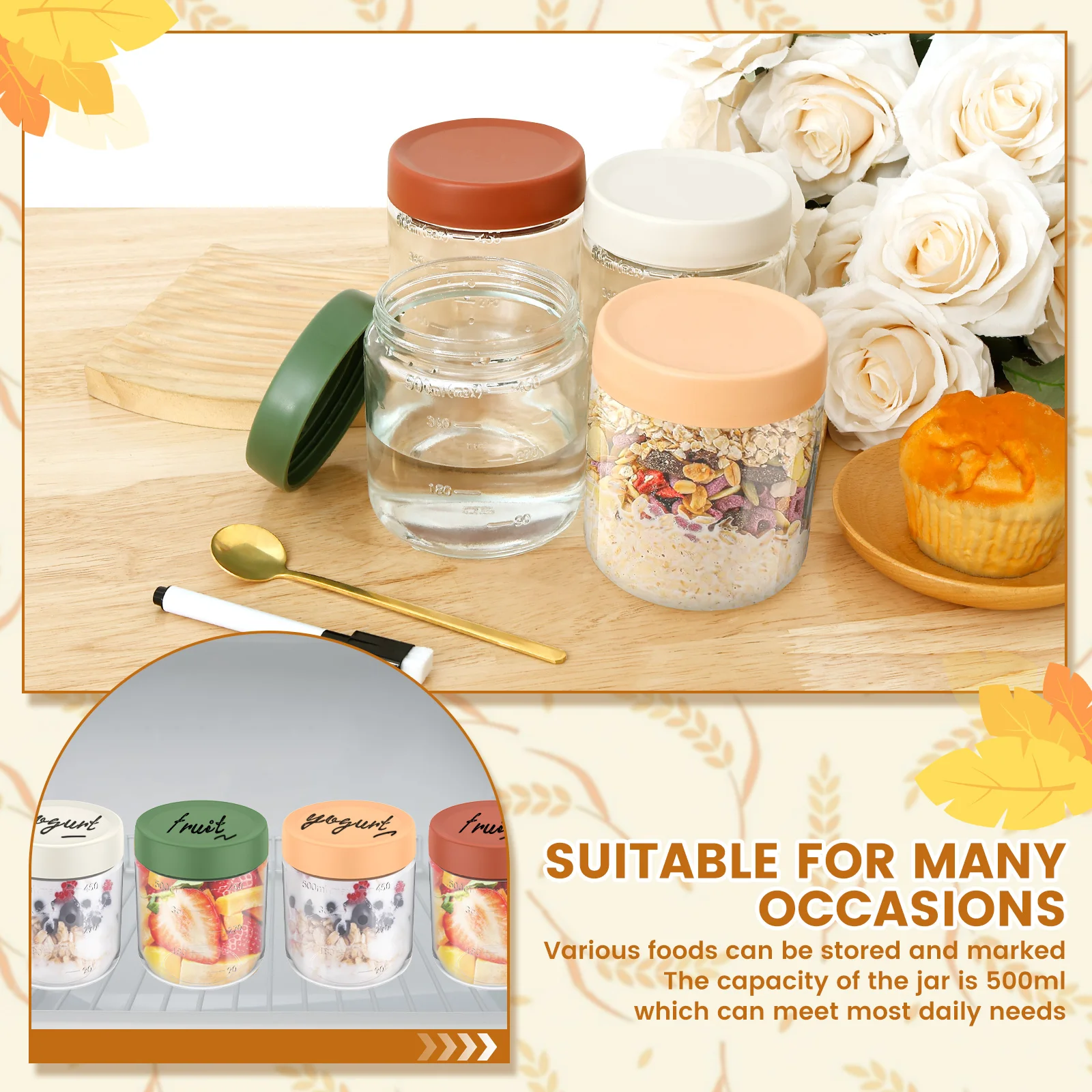 4Pcs Overnight Oats Container 500ml Milk Fruit Salad Food Storage Glass Jars Portable Cereal Breakfast Cups for Yogurt Pudding 2