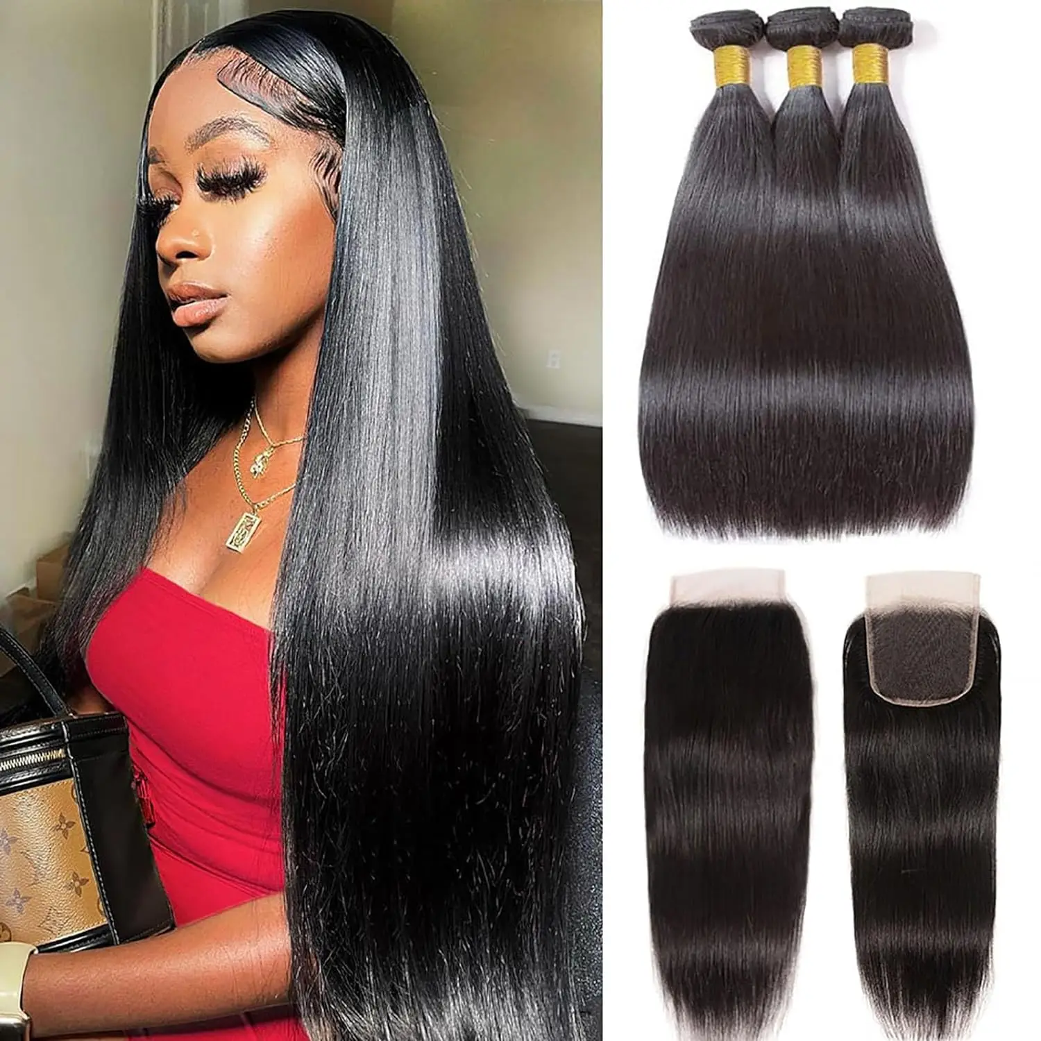 Straight Human Hair Bundles With Closure Lace Closures With Bundles Brazilian Hair Weave 3/4 Bundles With Closure Remy Hair 32I