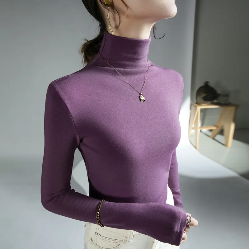 

Autumn and Winter Basic Brushed Turtleneck T-shirt Women Solid Color Slim Bottoming Pullover Stretch Top Women's New Gothic