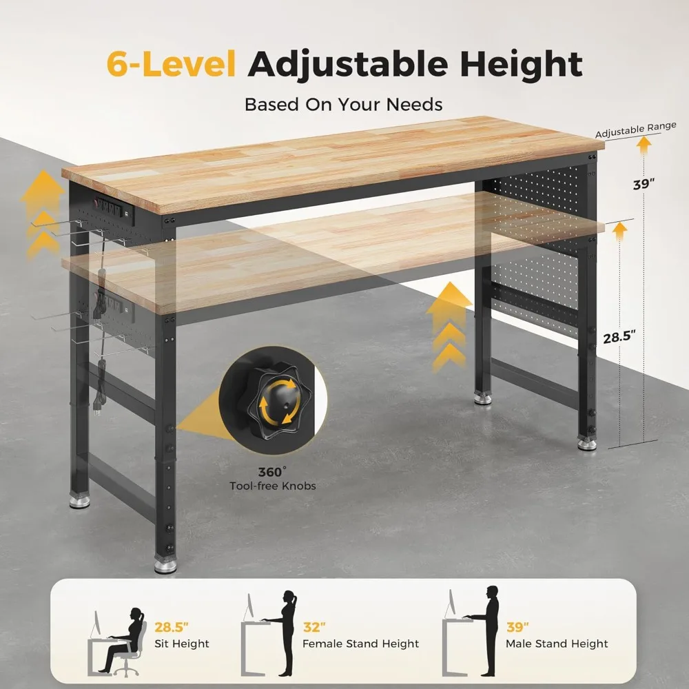 60" Heavy Duty Workbench 2000LB Load Adjustable Height with Pegboard Power Outlets Garage Workshop
