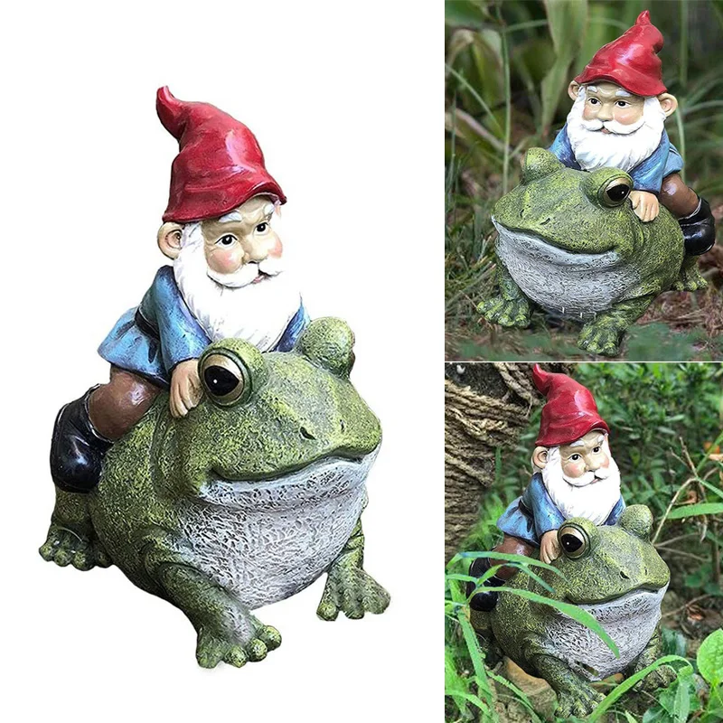 

Whimsical Travelling Mr Gnome On Giant Frog Ride Decorative Statue Magical Journey Gnomes Figurine For Patio, Lawn, Yard