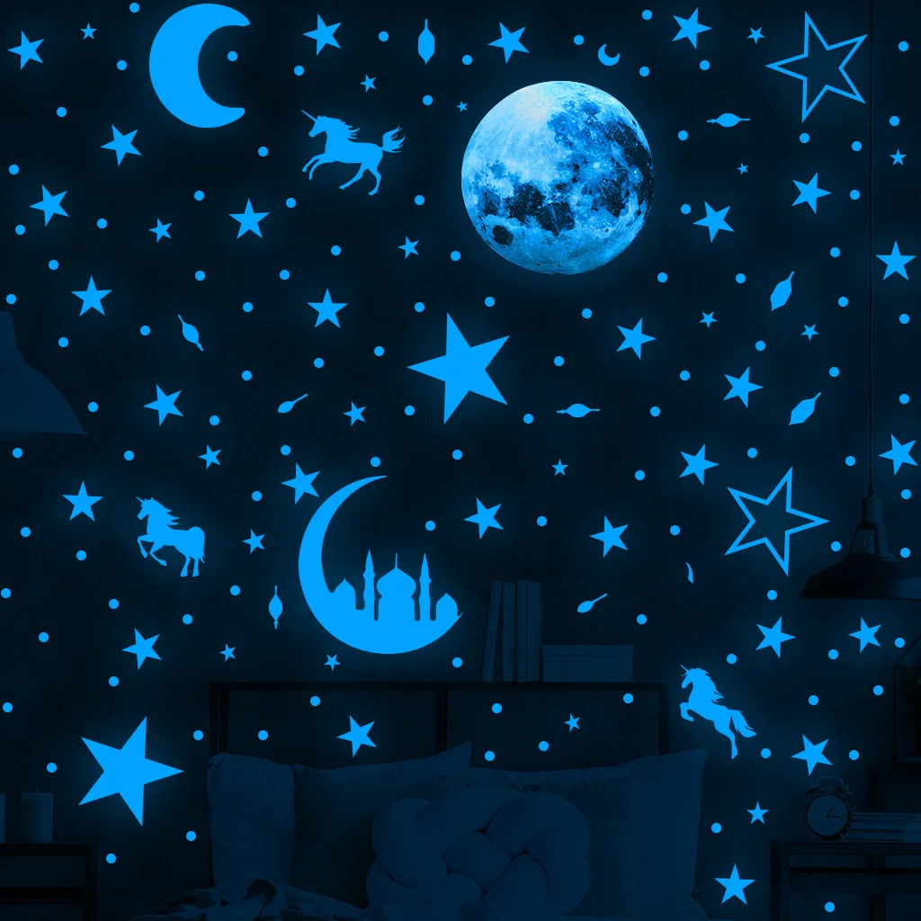 Luminous Moon and Stars Wall Stickers for Kids Room Baby Nursery Home Decoration Wall Decals Glow in the Dark Bedroom Ceiling