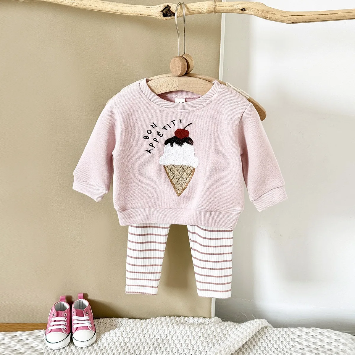 Description Picture 3 of itemIrcomll 2pcs Kids Clothing Pullover Set Baby Girl Boy Clothes Set Ice Cream Embroidery Long-Sleeved Sweatshirts+Striped Trousers