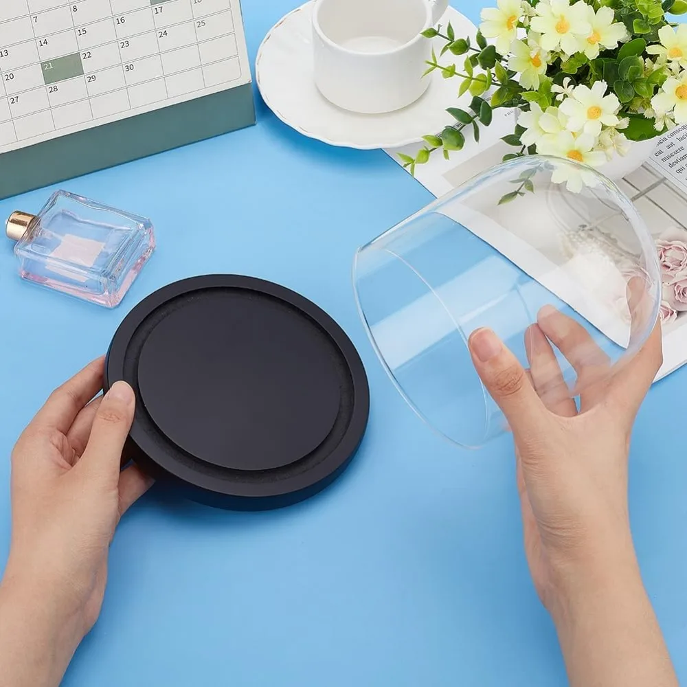 1 Set 5.5x5inch Eternal Transparent Flower Glass Cover Glass Display Dome Cloche Jar with Black Solid Wood Base for DIY Flower