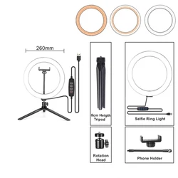 10 LED Ring Light with Tripod Stand, Dimmable Selfie & Photography Lighting Kit, USB Rechargeable, 120 LEDs (26cm 10 inch)