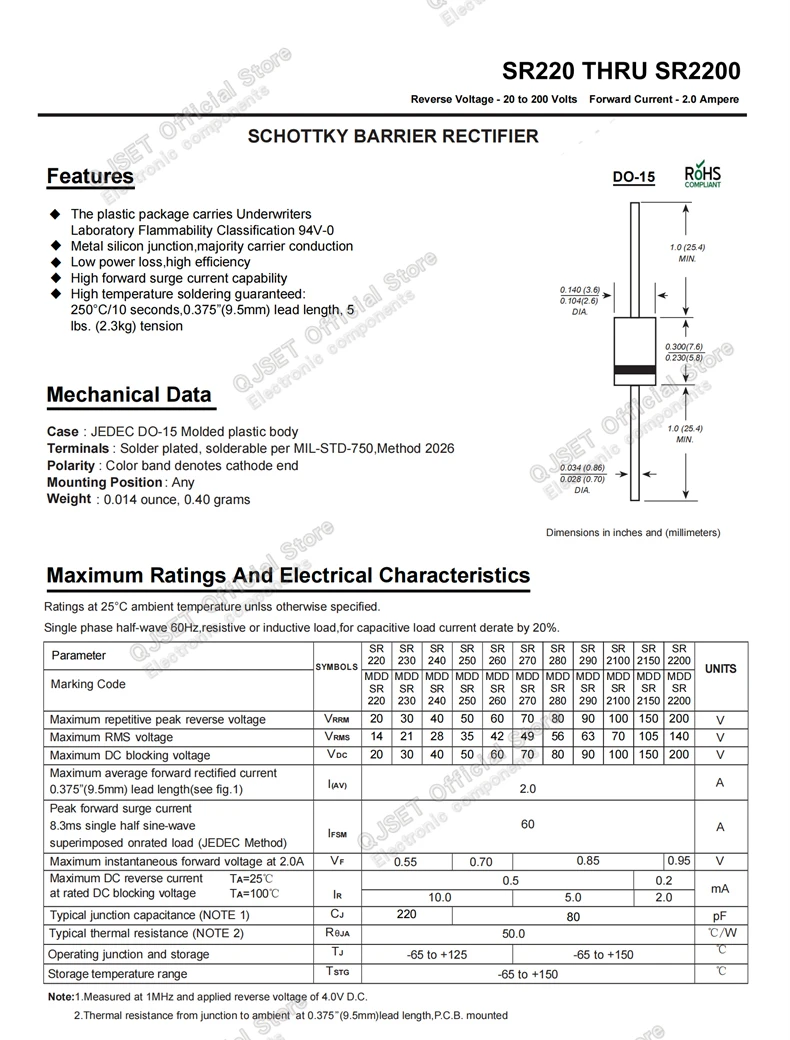 20 Stück SR160 SR240 SR260 SR360 SR540 SR560 SR1100 SR2200 SR2100 SR3100 SR3200 SR5100 SR5200 Schottky-Barrierediode 1A 2 3 5A 100V – Detail 4