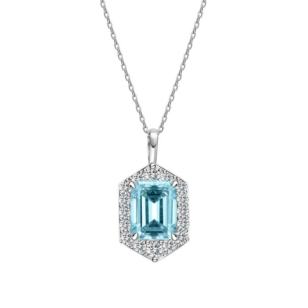 

New Models Diamond Set Sea Blue Treasure Necklace for Women 925 Pure Silver 7 * 9mm High Carbon Diamond Small and Versatile