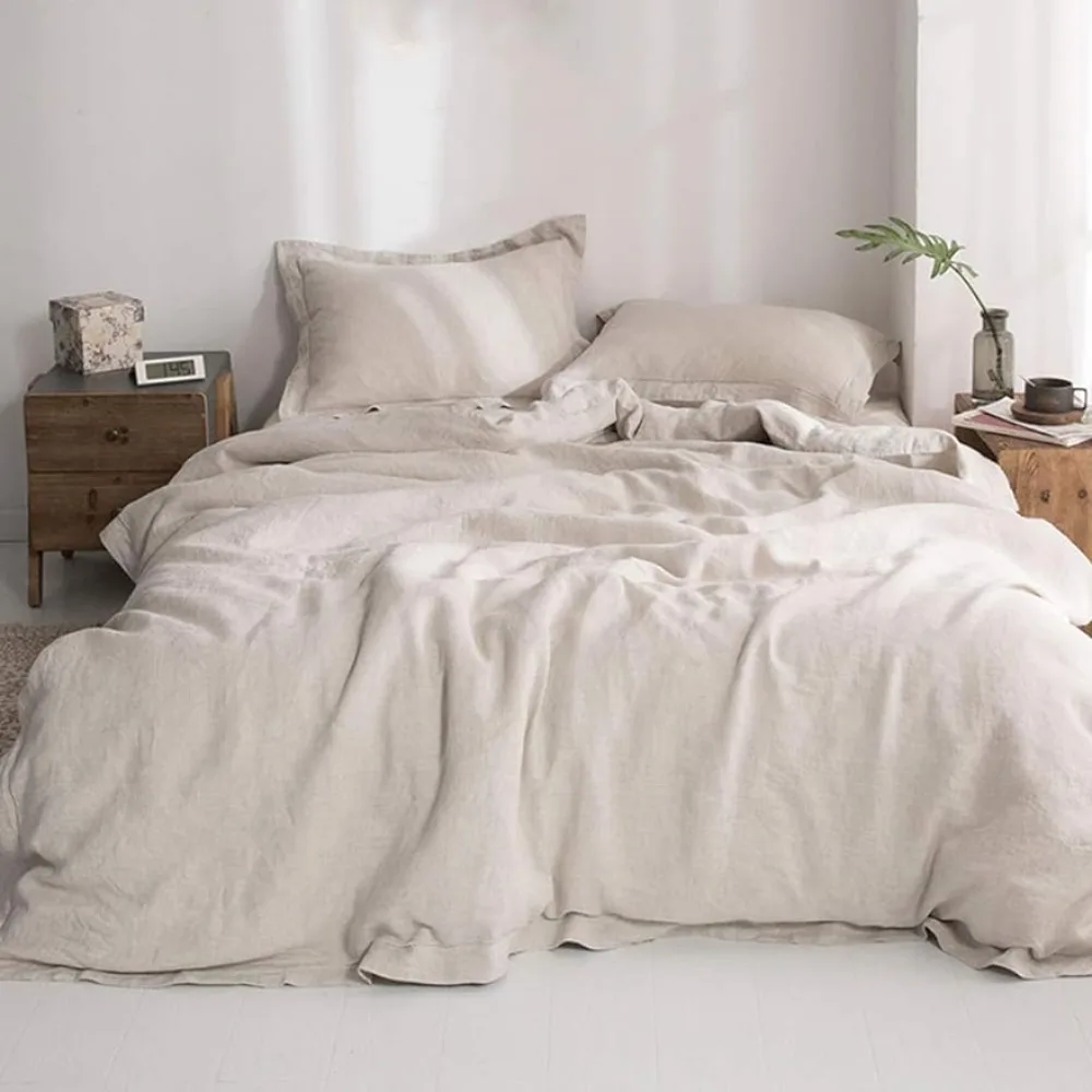 

100% Washed Linen Duvet Cover With Embroidered Comforter Sets 3 Pieces Soft Farmhouse Comforter Set