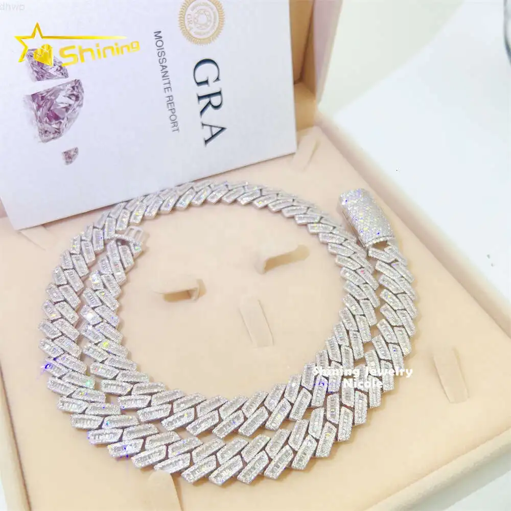 

Fine Jewelry High Quality Bling 925 Silver 15mm Hip Hop Miami Iced Out Vvs Moissanite Baguette Cuban Link Chain