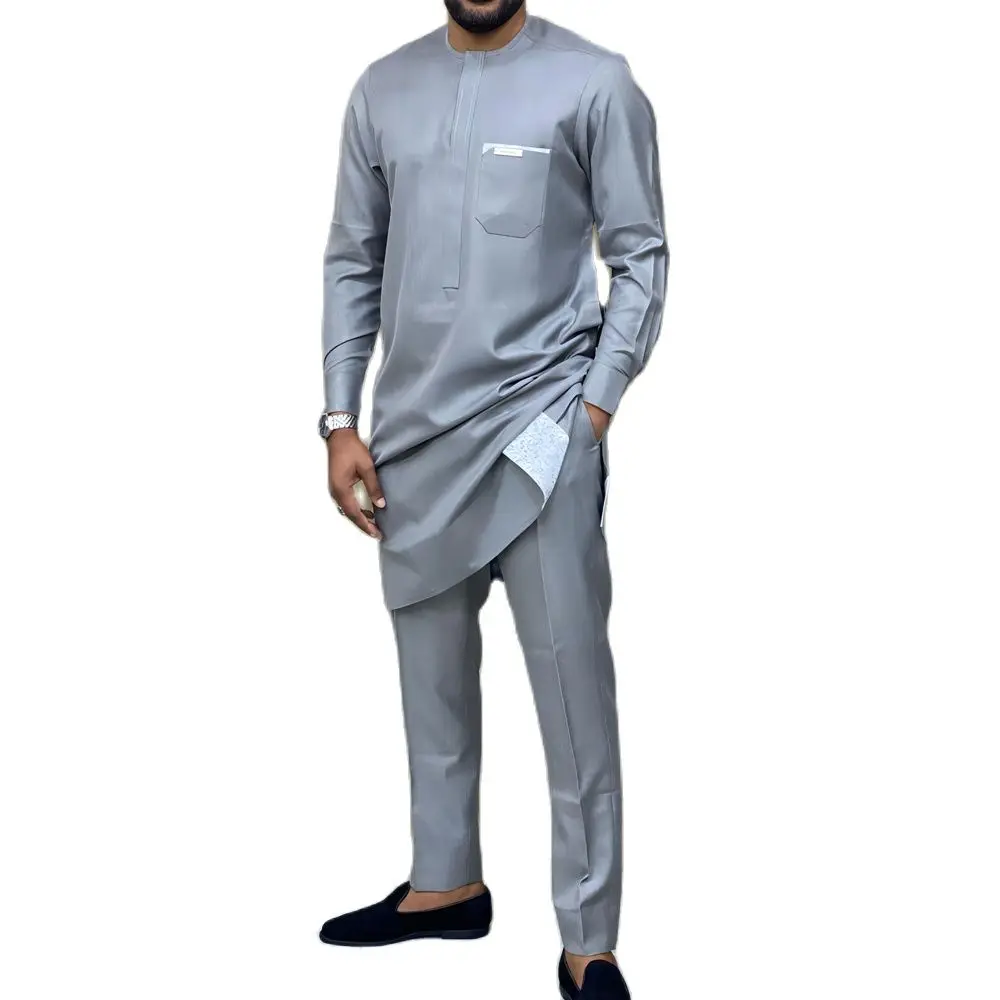 Men Two Piece Outfit Set Solid Color Shirt Pockets Tops Trousers African Ethnic Style Casual Man Suit Business Clothing Outfits kaftan 2 piece sets mens outfit pockets printed top shirt trousers african ethnic style traditional clothing men s suit party