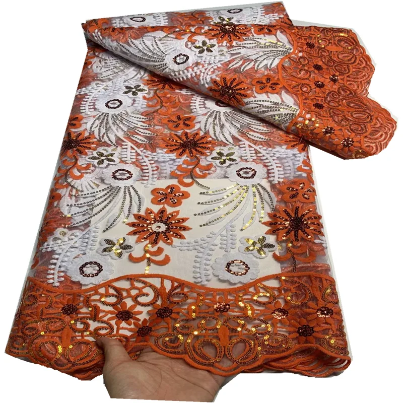 

High Quality African Nigerian With Tulle Lace Fabric Sequins Embroidery Dresses Beads Sewing Guipure Prom 5Yards FT68