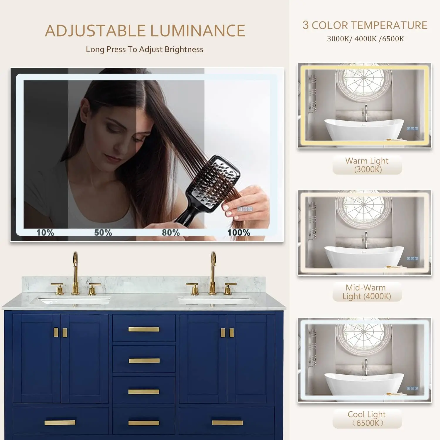 Description Picture 5 of itemLed Lighted Bathroom Mirror Dimmable Vanity Wall Mirror Anti-Fog Memory Mirrors for Bathroom Vanity Vertical/Horizontal