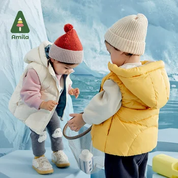 Amila Baby Down Jacket Vest 2022 Winter New Boys and Girls Solid Warm Hooded Sleeveless Coat Kids Casual Clothes 2