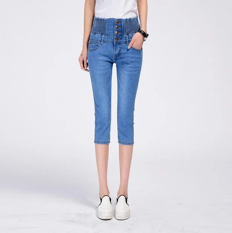 Women High Waist Button Jeans Summer Knee Length Female Tight Elasticity Small Denim Pants Korean Version Cuffs Thin Jean Pop