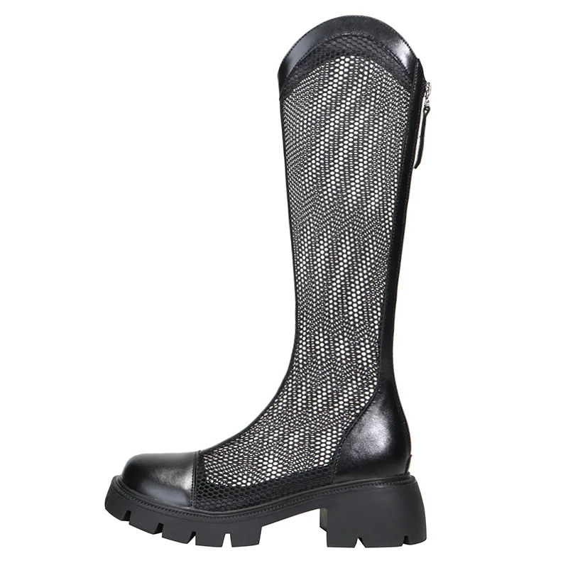 Summer Boots Women Chunky Heel Knee-length Platform Woman Female Round Toe Zipper Sandals Mesh Ladies Fashion Comfort Shoes