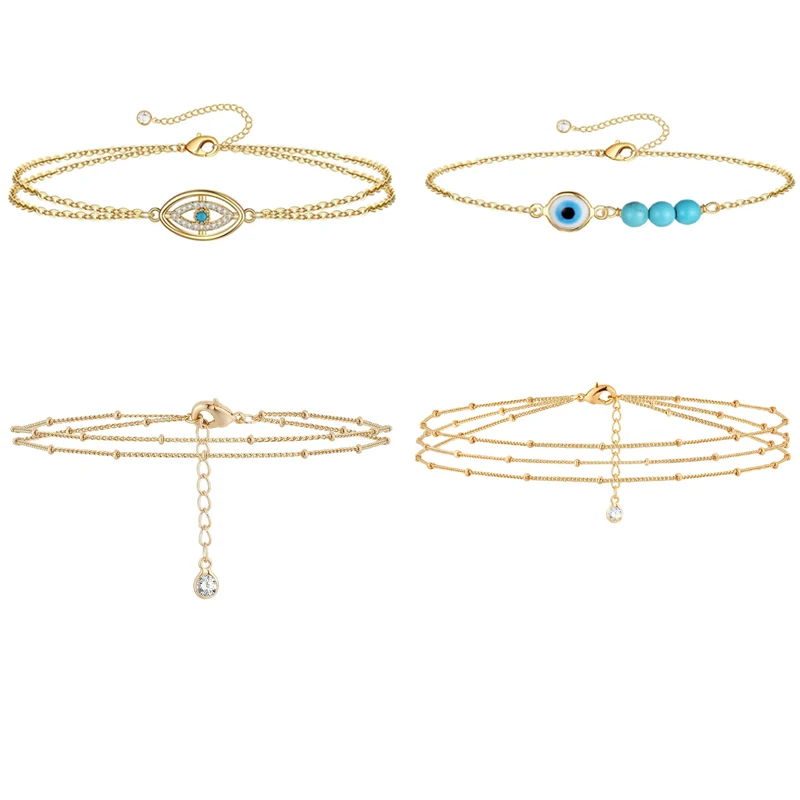 Zierliches Goldarmband für Frauen, 14 Karat vergoldet, böser Blick, Türkis, Charm-Armband, Satellitenkette, Schmuck, süß für Mädchen und Frauen