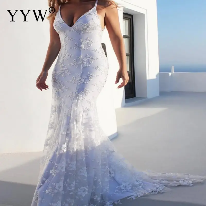 

Spaghetti Straps Sexy V-Neck Backless Bandage Appliques Mermaid Party Dress Long Sweep Bridal Gown 2022 Women Lace Beach Dresses