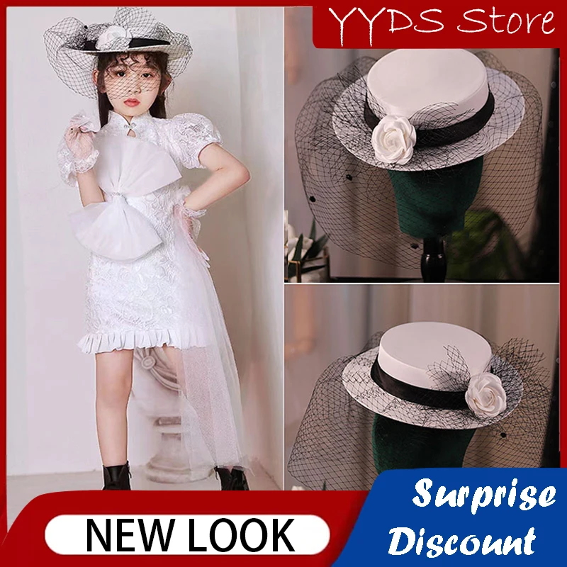 Children's Princess Top Hat Hepburn Style Retro Mesh Black and White Contrast Color Girl Headwear Elegant Child Flat Flower Hat