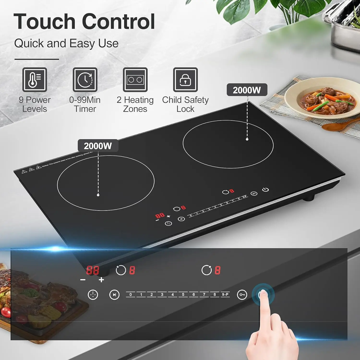 Double Induction Cooktop, 24 inch 4000W Induction stove top with hot plate,Electric cooktop with LCD Touch Screen 9 Levels Setti
